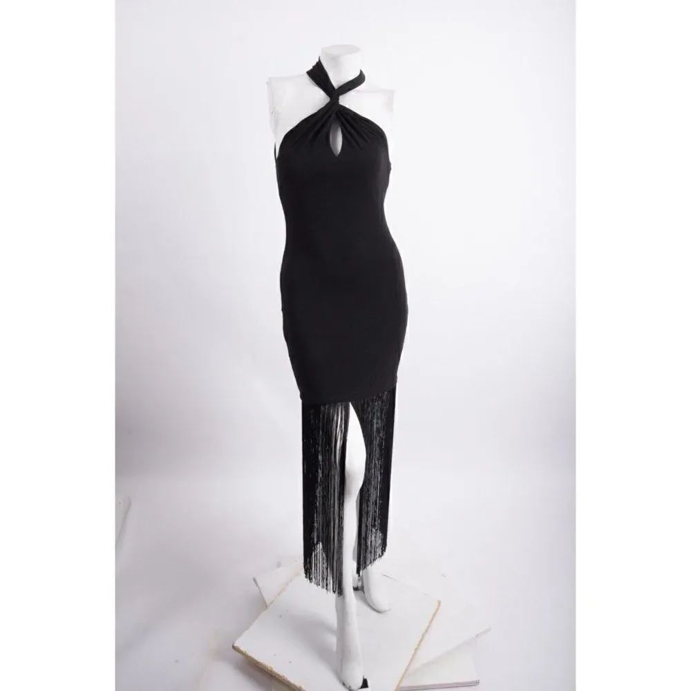 Alice + Olivia Womens Steph Fringe Dress Midi Halter Sz 2 Black Cocktail NWT